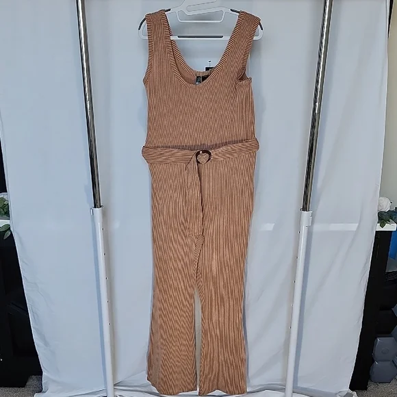 Elegant Tan Striped Jumpsuit - Picture 1 of 8